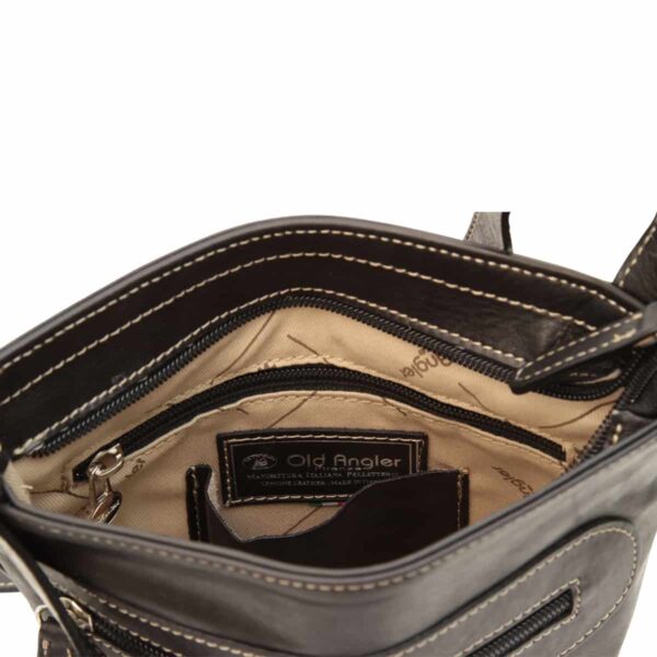 Borsa a tracolla in pelle con tasca con zip. Marrone Scuro - immagine 4