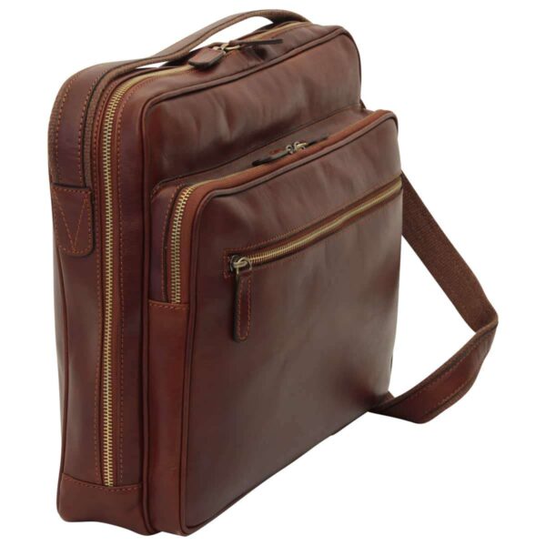 Messenger in pelle con chiusura a zip (Grande). Marrone - immagine 3