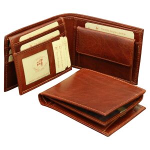 Portafoglio in pelle con portamonete. Marrone con RFID