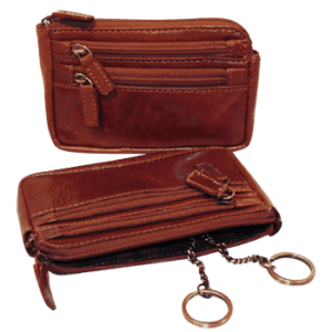 Portachiavi in pelle con 3 tasche con zip. Marrone