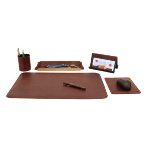 Set da scrivania in pelle - 5 pz Marrone